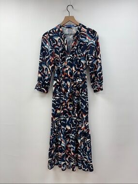 J. McLaughlin Stretch Jersey Abstract Split V-Neck Belted Midi Dress Blue XS
